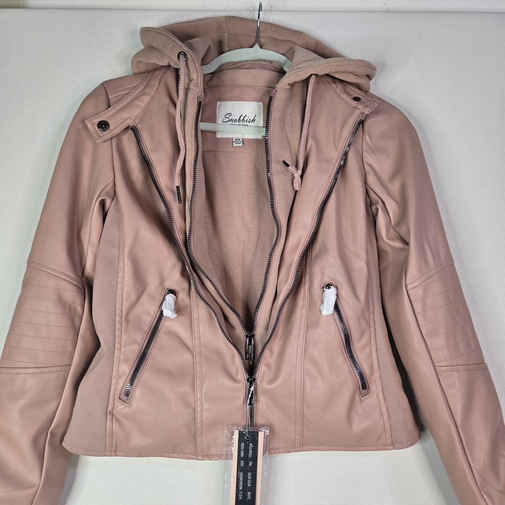 Snobbish Junior Size M Faux Leather Pink Hooded Zip Up Jacket NWT - Picture 8 of 12